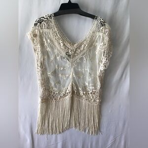 iris Cream Lace Crochet Fringe Top with Camisole